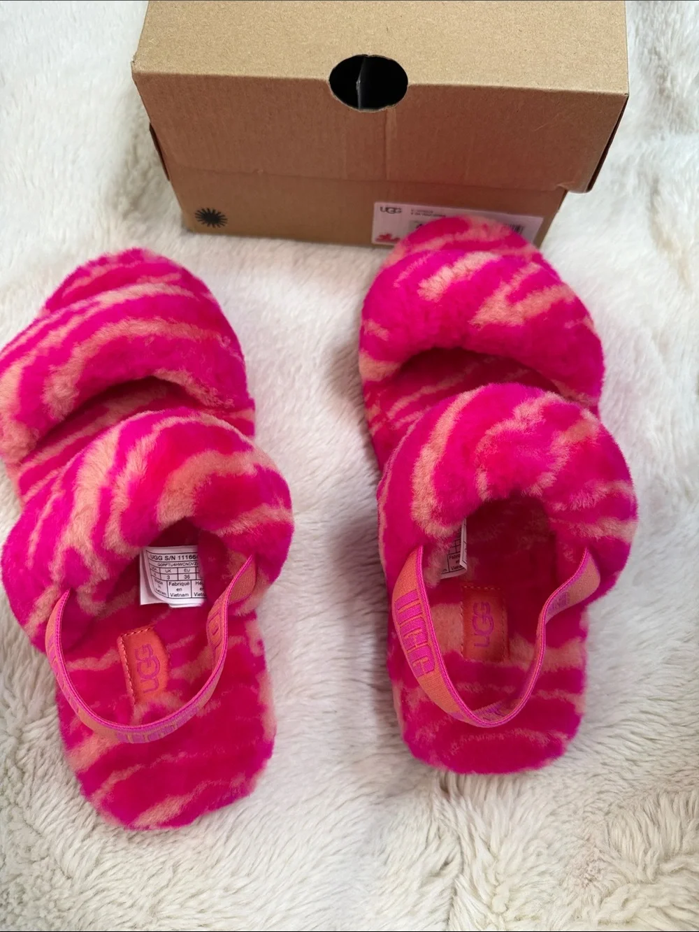 UGG Kids Hot Pink and Cream Zebra Faux-Fur Slide Sandals